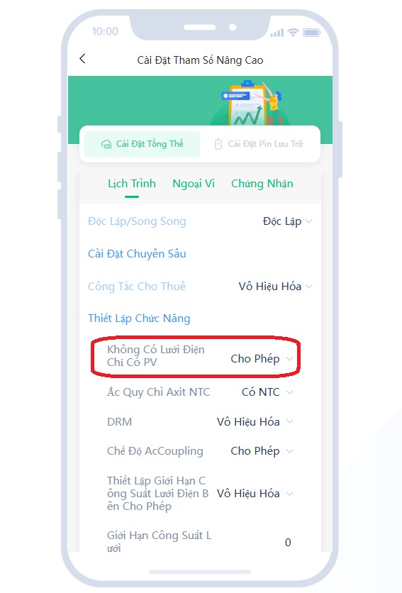 Chức năng vận hành độc lập (Off-grid) chỉ với tấm pin quang điện (PV) trên biến tần Isuna